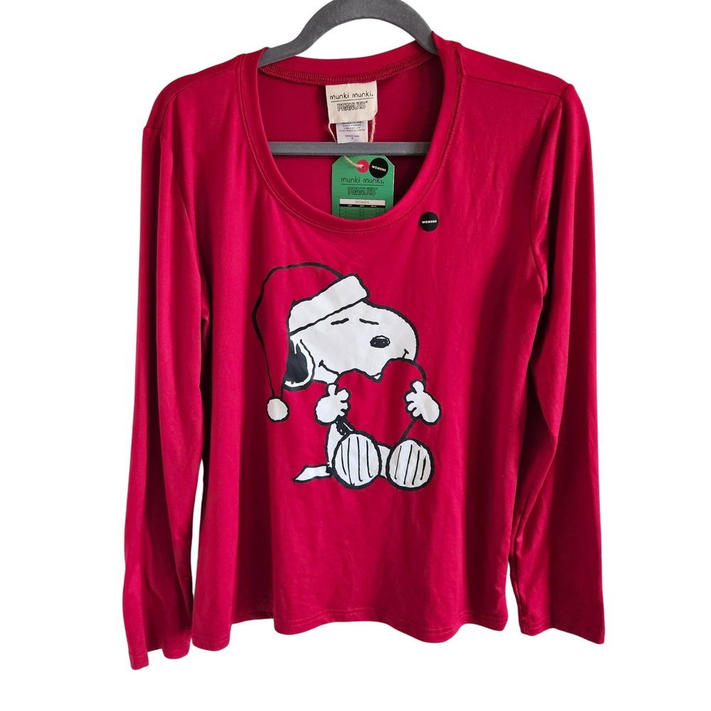 Munki Munki Peanuts Snoopy Christmas Pajama Top Red Long Sleeve Womens Medium